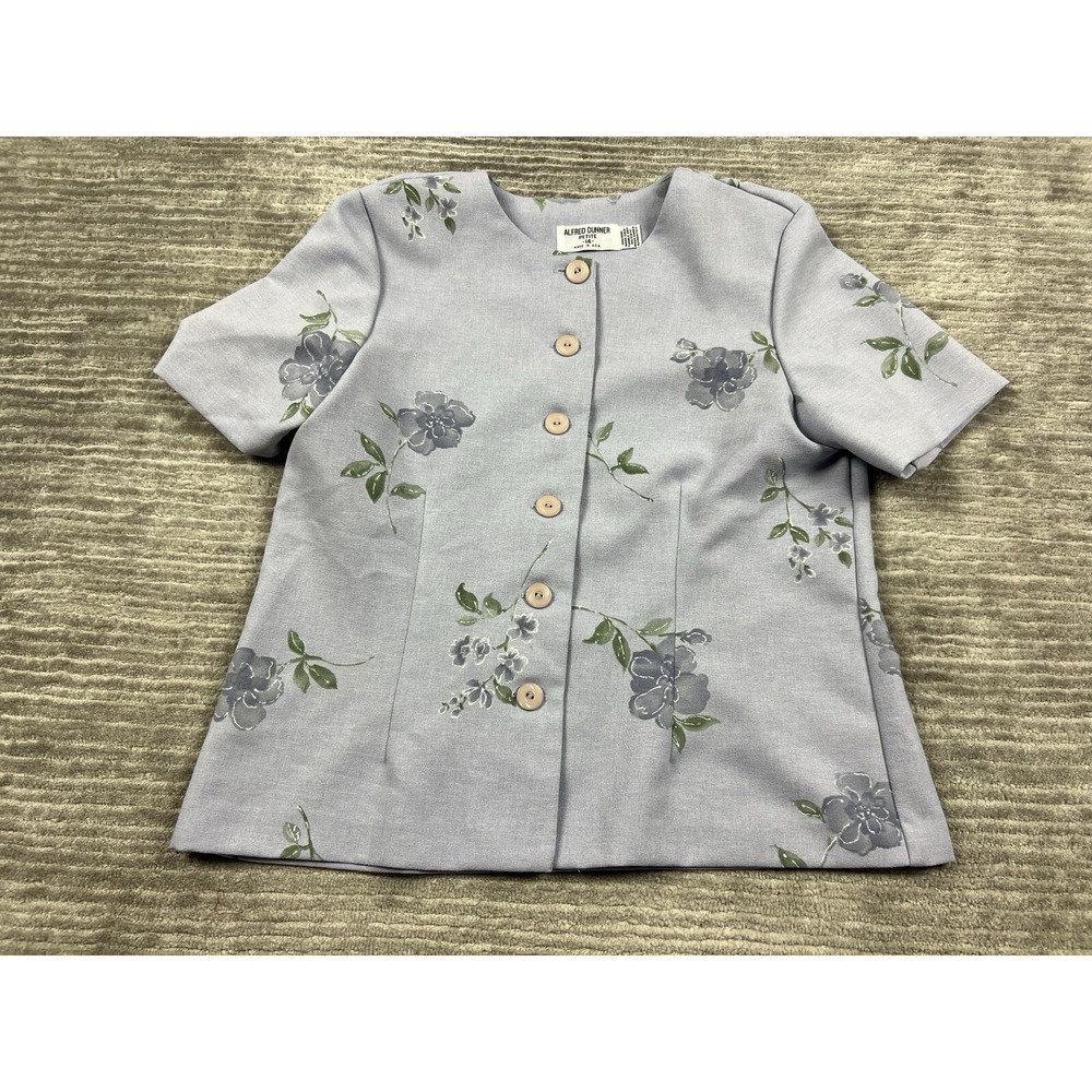 Alfred Dunner Top Womens 14 Petite Purple Floral Button Front Vintage USA